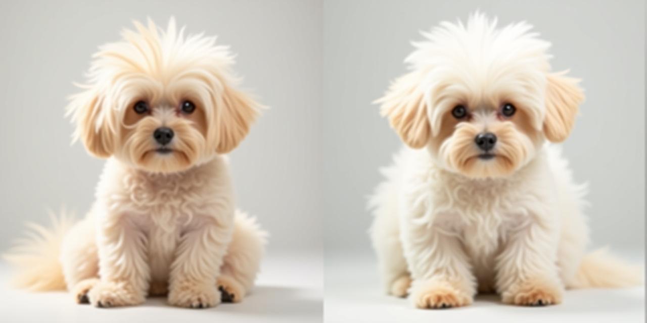 Split image showing a shaggy Maltipoo and its transformation into a neatly groomed, fluffy dog