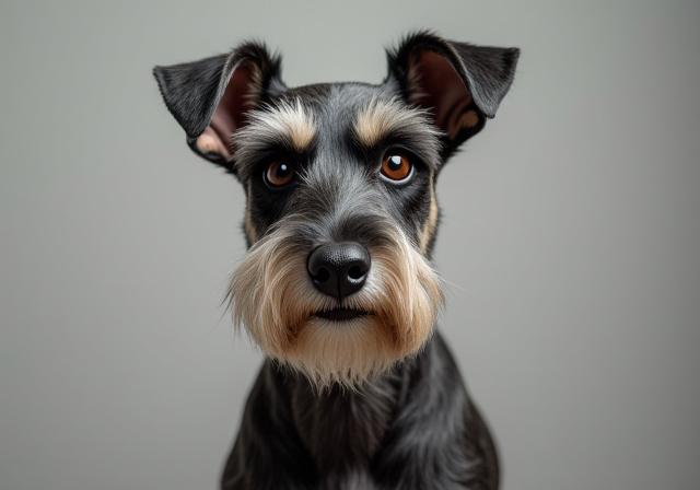 Miniature Schnauzer sporting a sharp, classic breed cut with distinctive eyebrows and beard