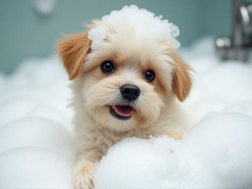 A small dog enjoying a bubbly bath at a grooming salon