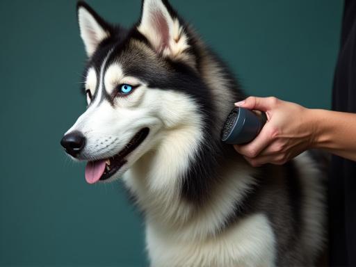 A Siberian Husky receiving a de-shedding treatment with fur being brushed out