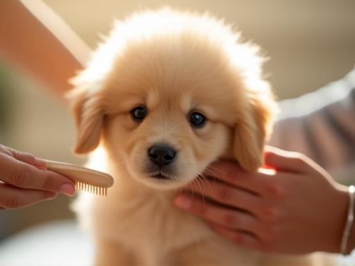 A fluffy puppy being gently brushed by a groomer