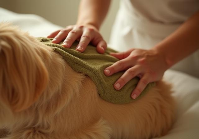 A dog receiving an Ayurveda herb pack application on its fur